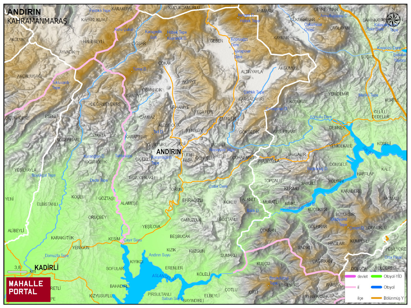 ANDIRIN Fiziki Haritası | Dağlar, Ovalar ve Akarsu Bilgileri