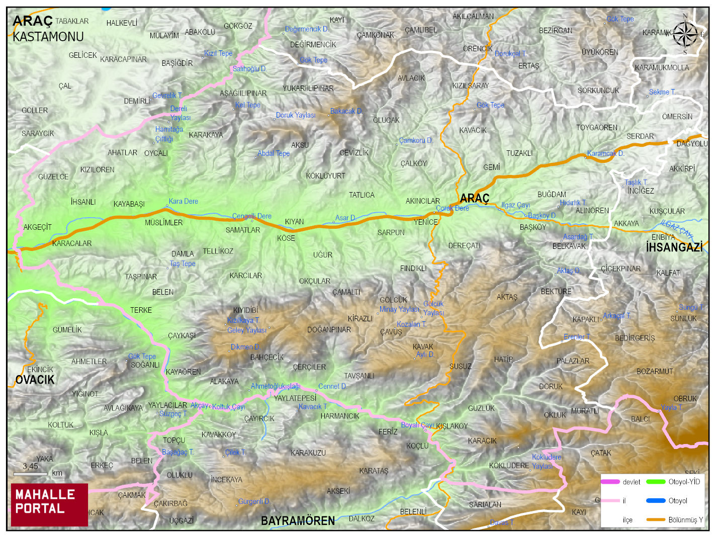 ARAÇ Fiziki Haritası | Dağlar, Ovalar ve Akarsu Bilgileri