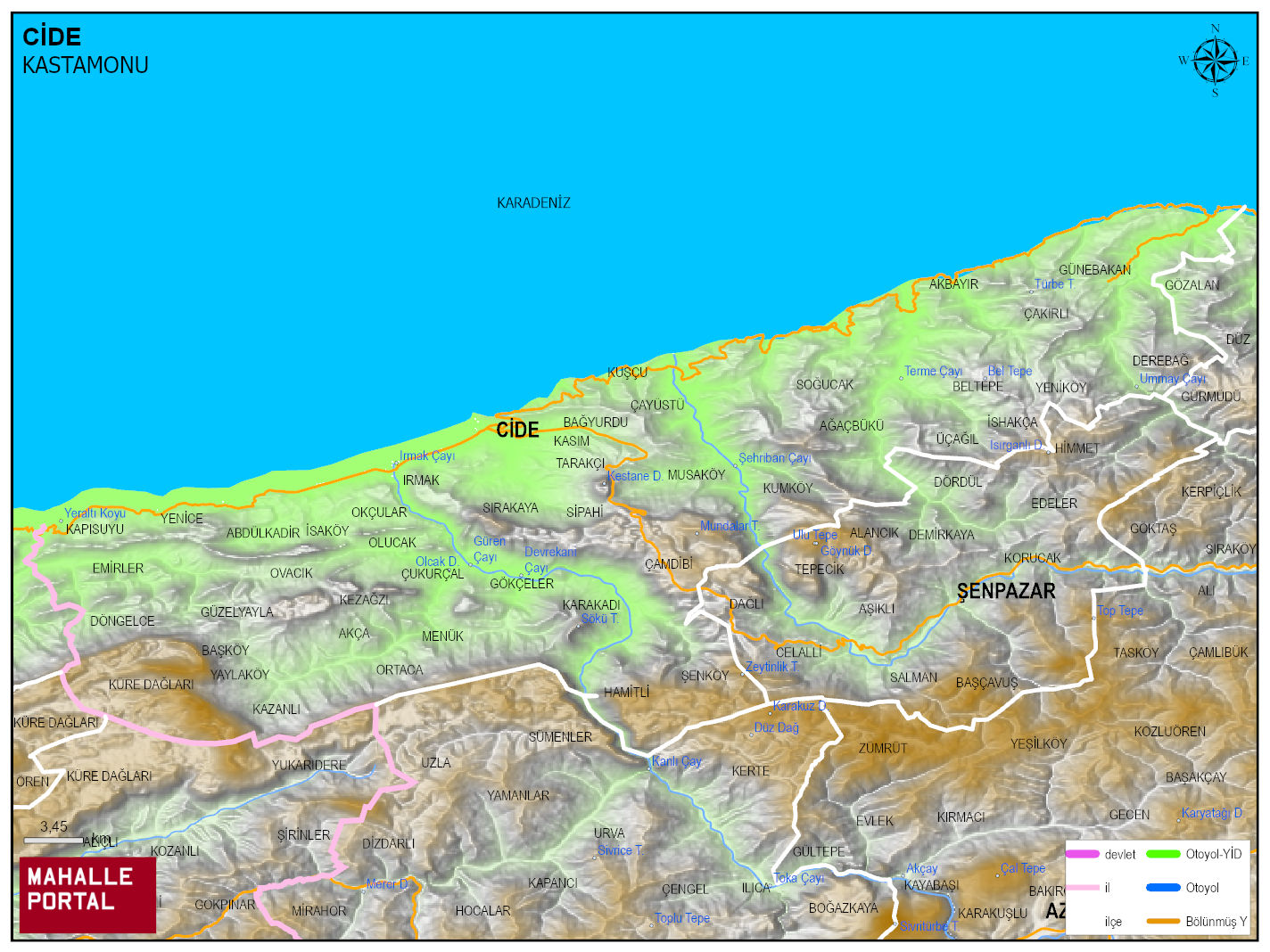 CİDE Fiziki Haritası | Dağlar, Ovalar ve Akarsu Bilgileri