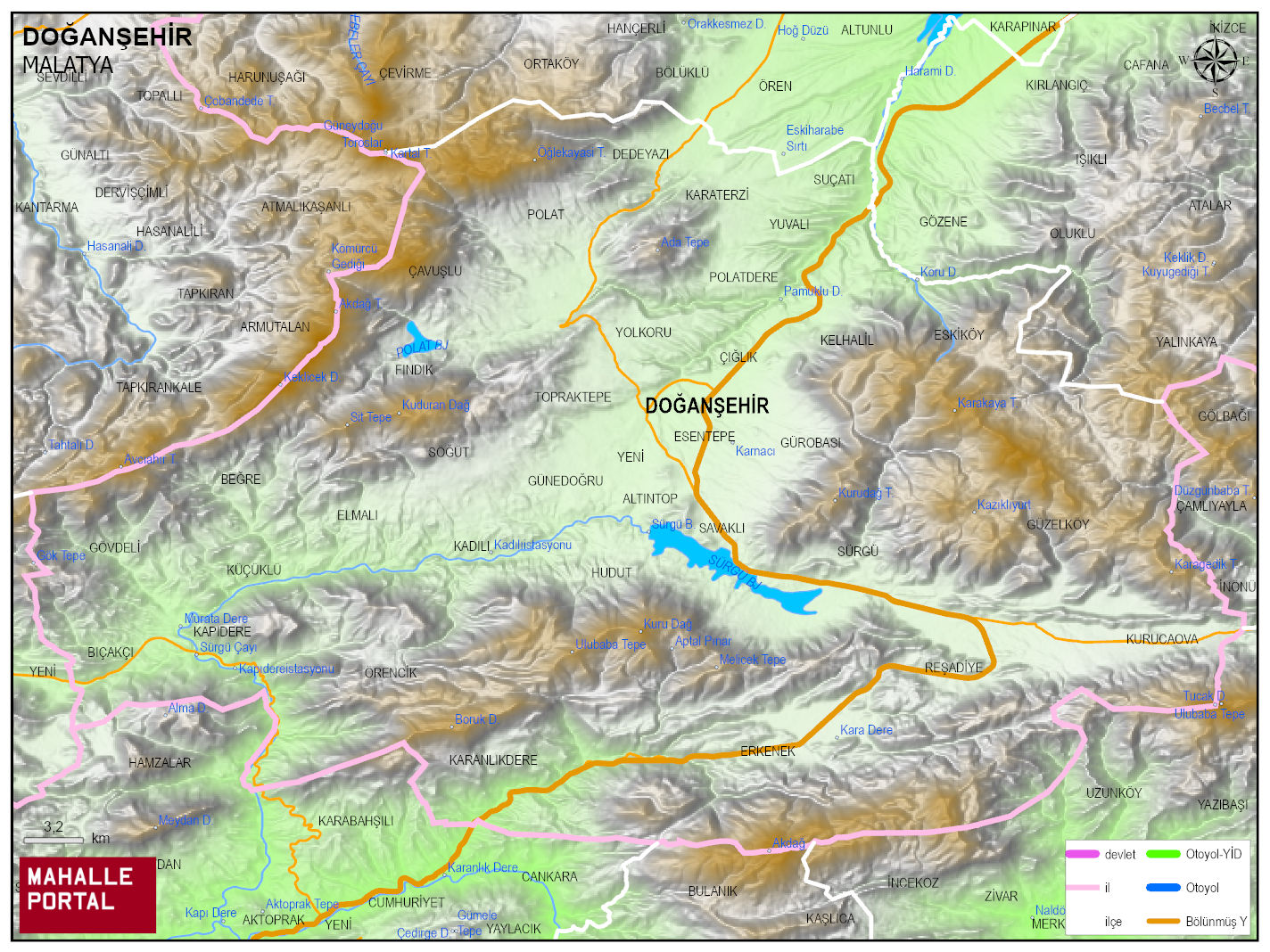 DOĞANŞEHİR Fiziki Haritası | Dağlar, Ovalar ve Akarsu Bilgileri