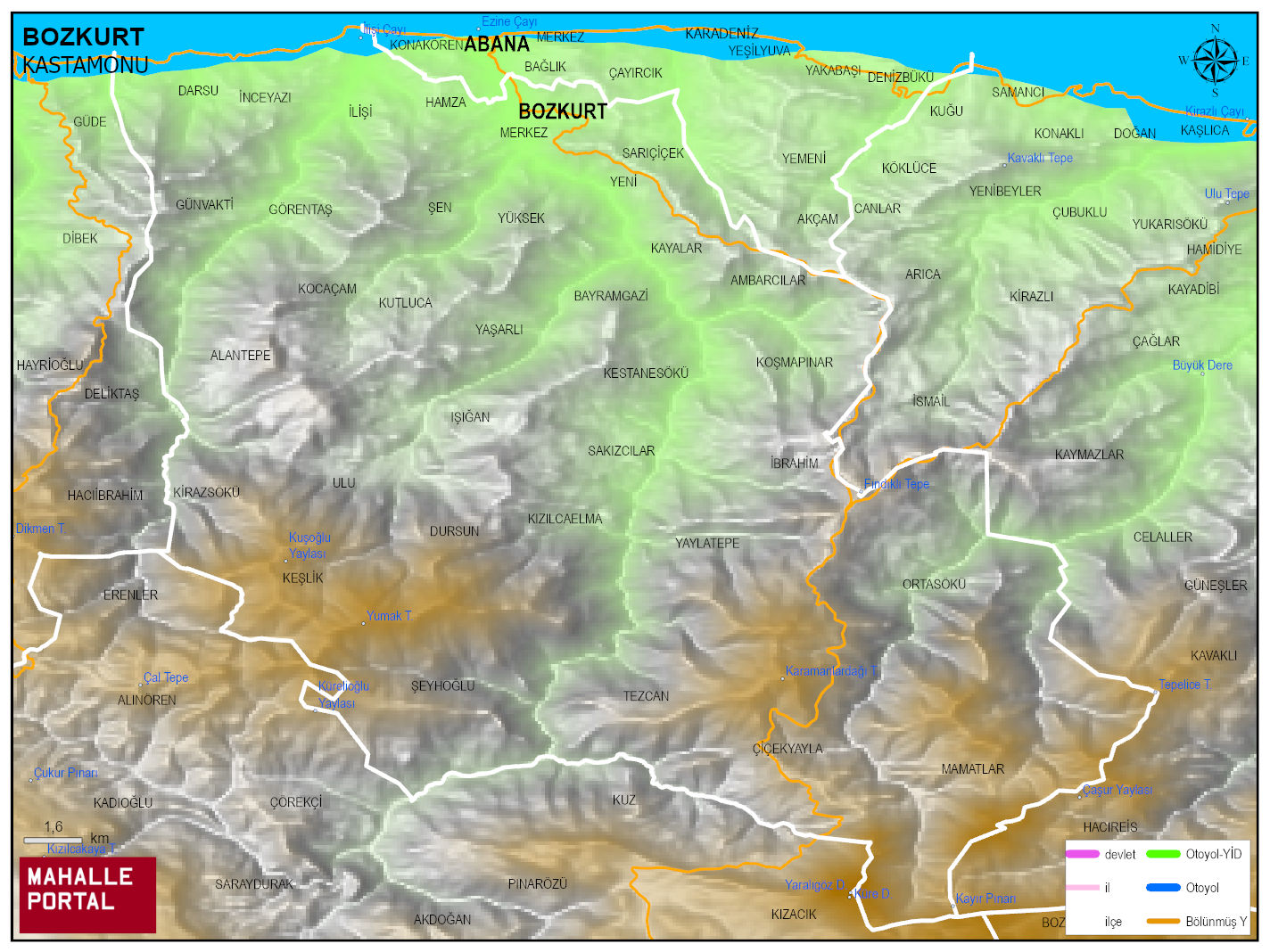 BOZKURT Fiziki Haritası | Dağlar, Ovalar ve Akarsu Bilgileri