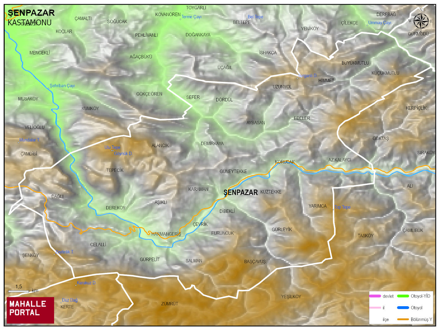 ŞENPAZAR Fiziki Haritası | Coğrafi Yapı ve Detaylı İlçe Haritası