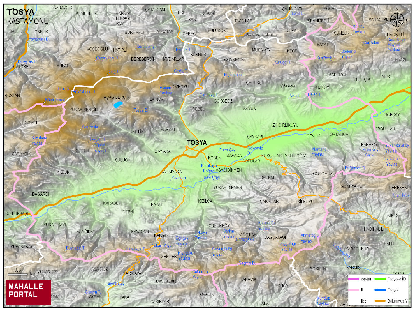 TOSYA Fiziki Haritası | Coğrafi Yapı ve Detaylı İlçe Haritası